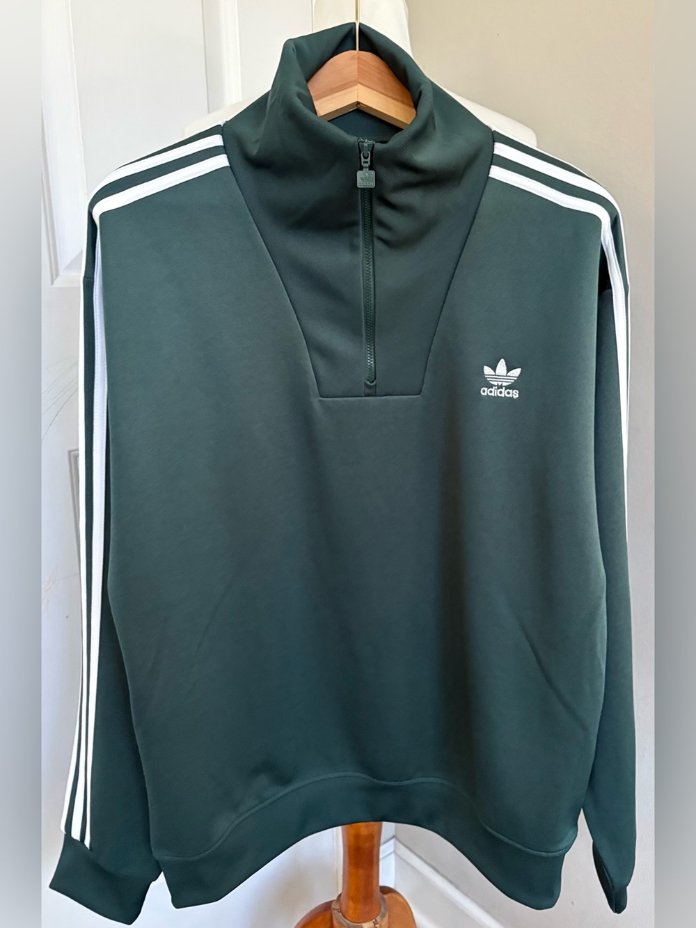 adidas Original Men's Mineral Green Quarter-Zip Trefoil Pullover White Stripes-M